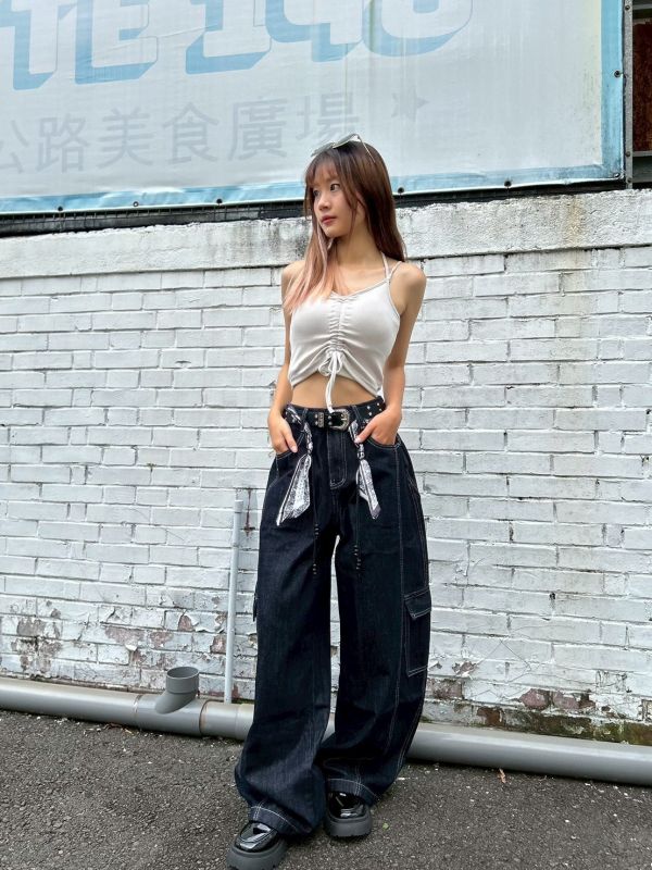 【現貨】附腰巾大口袋拼接繭型闊腿褲 