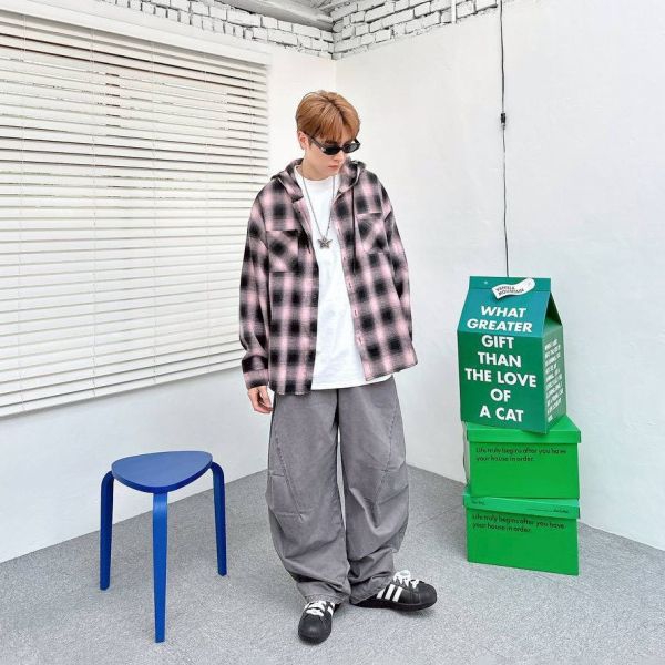 【現貨】口袋抽繩帽子格紋襯衫 