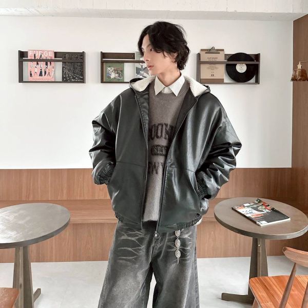 羊羔毛連帽皮外套 