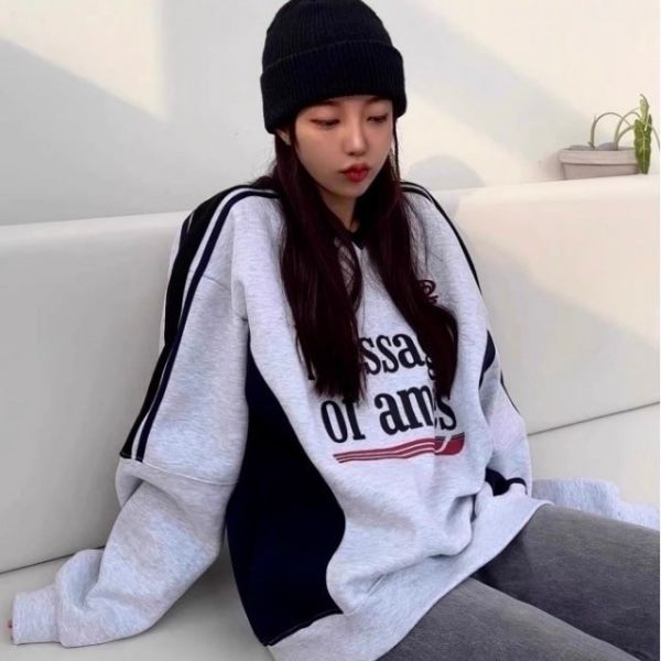 V領拼接織帶衛衣復古美式刷毛大學Tee 