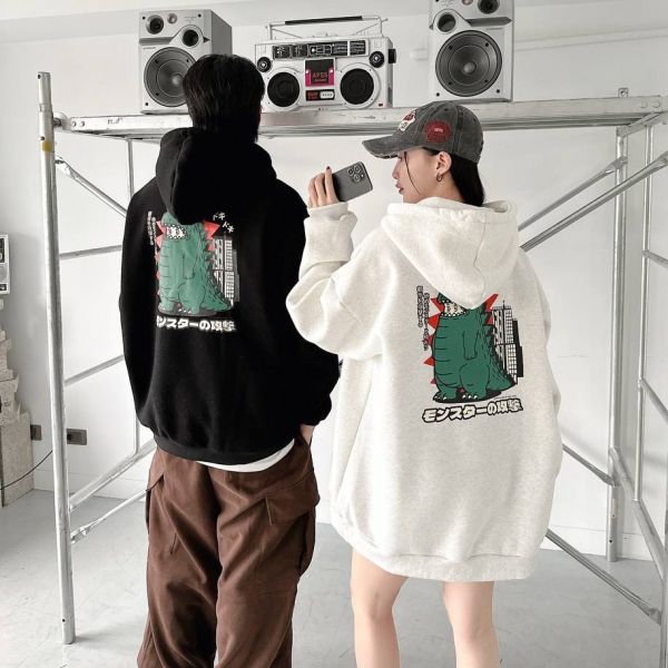 日語恐龍印花刷毛帽Tee 