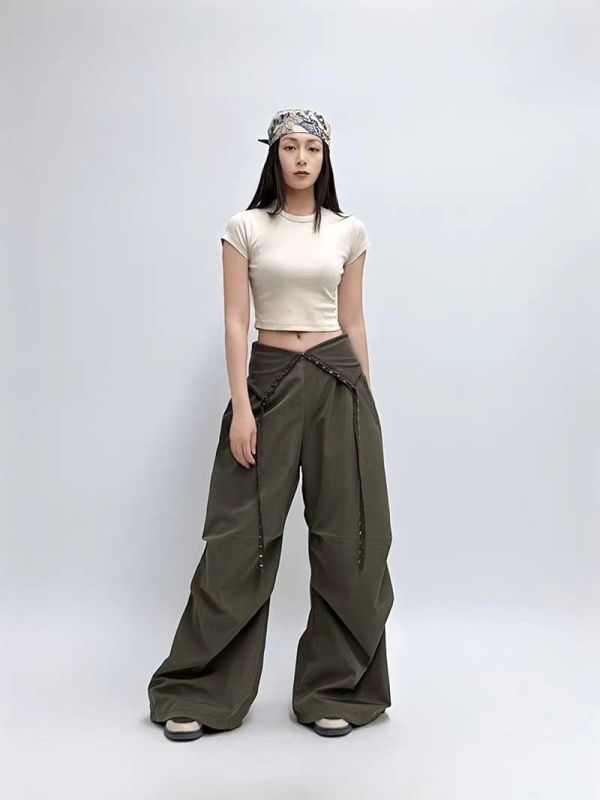 【新品預購】美式飄帶膝抓皺刷刷褲 