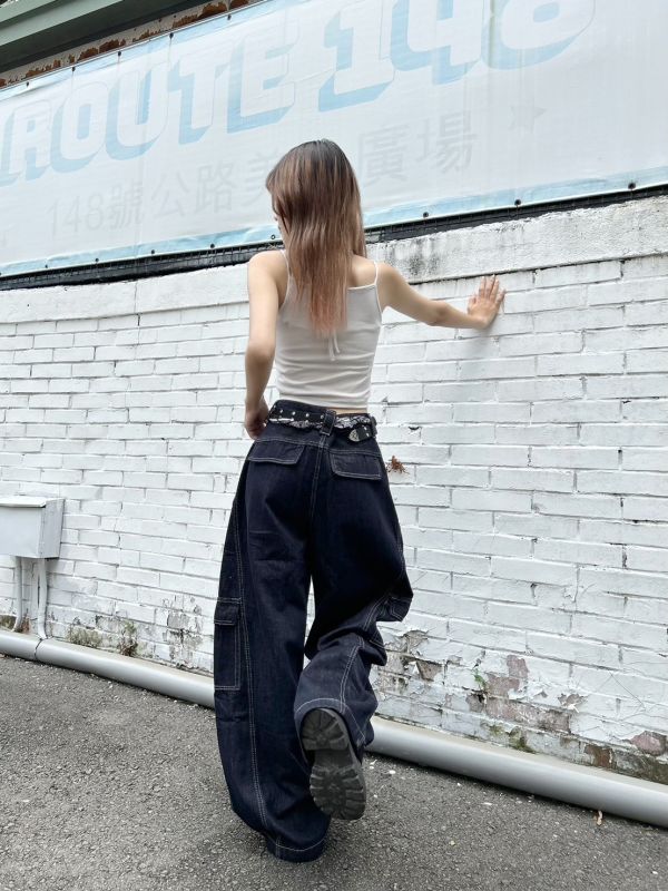 【現貨】附腰巾大口袋拼接繭型闊腿褲 