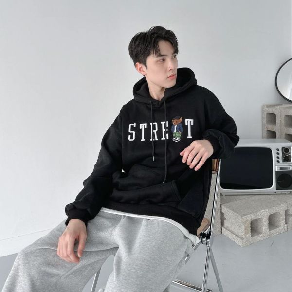 【現貨】刺繡STREET潮流熊刷毛帽Tee 