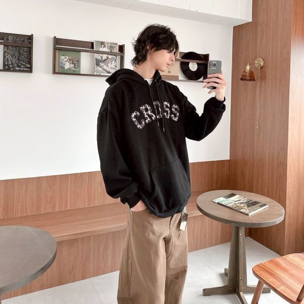 CROSS刺繡豹紋刷毛帽Tee 