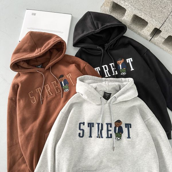 【現貨】刺繡STREET潮流熊刷毛帽Tee 