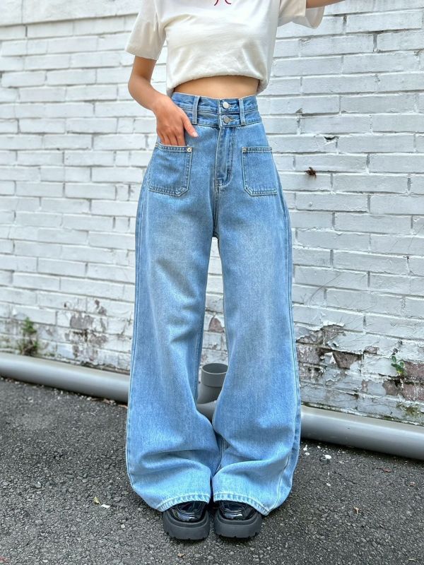 【現貨】雙釦口袋微喇叭落地寬褲 