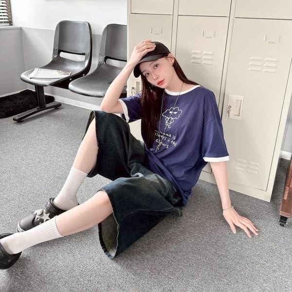 【現貨】墨鏡雲朵撞色螺紋短Tee 