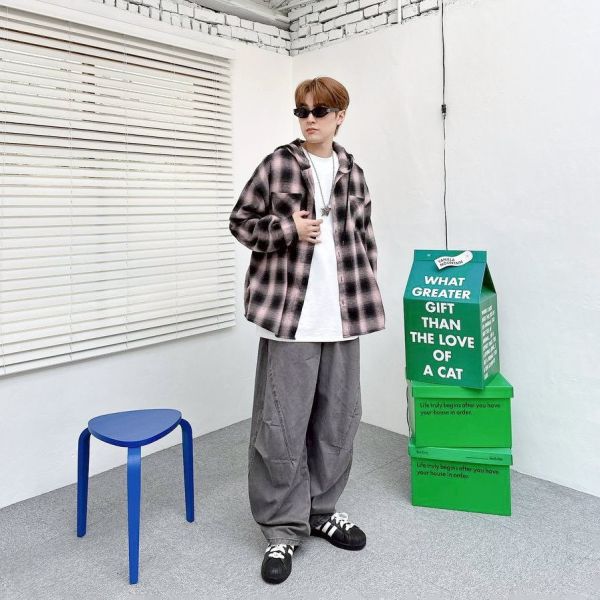 【現貨】口袋抽繩帽子格紋襯衫 