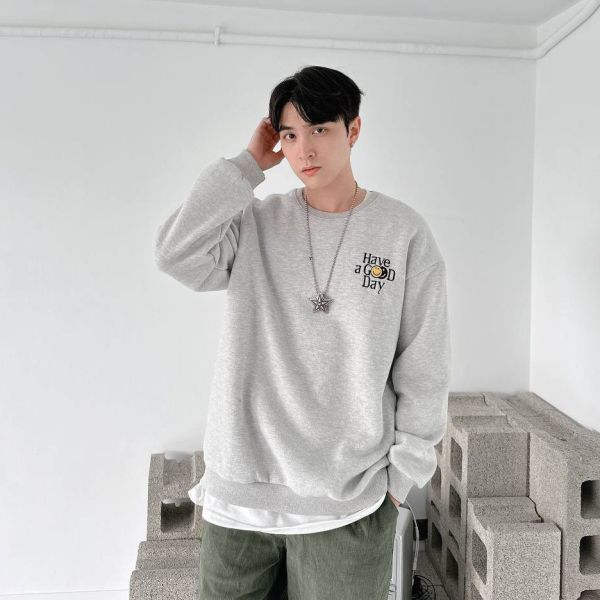 刺繡GOOD DAY笑臉刷毛大學Tee 