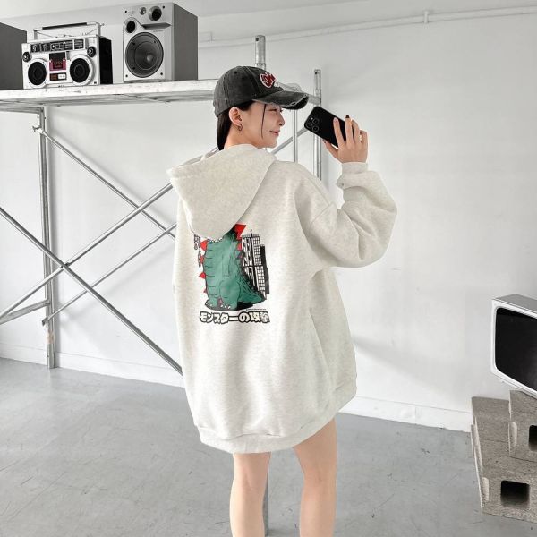 日語恐龍印花刷毛帽Tee 