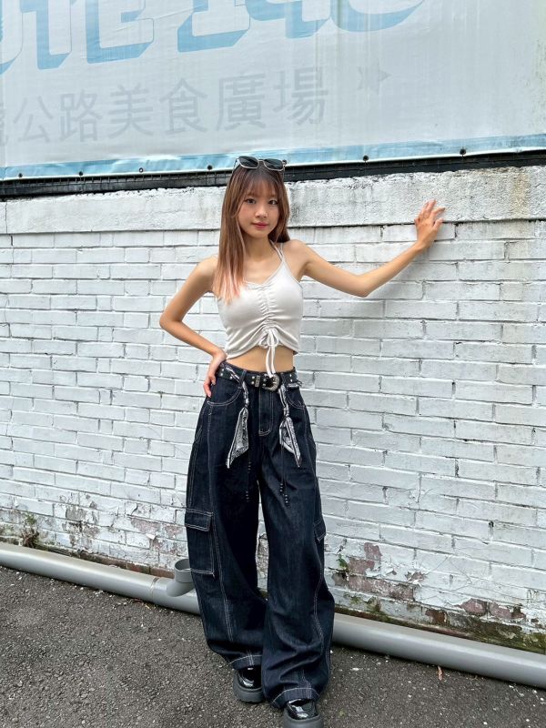 【現貨】附腰巾大口袋拼接繭型闊腿褲 