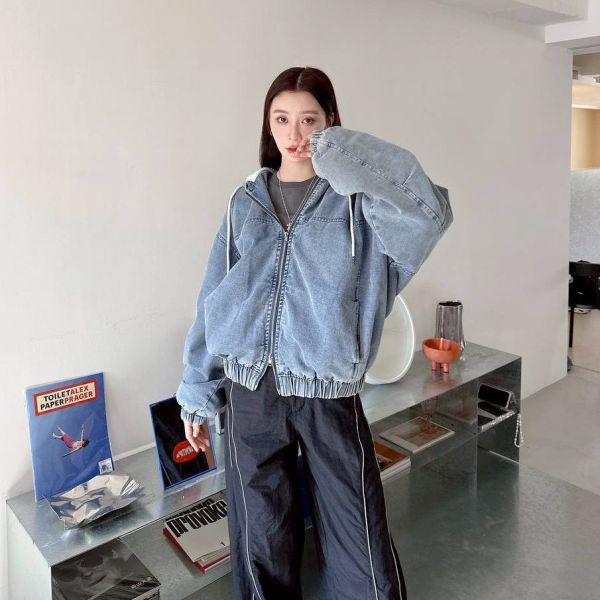 雙拉鍊羊羔毛鋪棉牛仔外套 