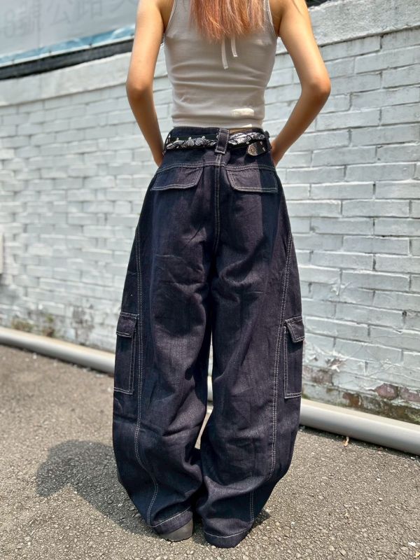 【現貨】附腰巾大口袋拼接繭型闊腿褲 