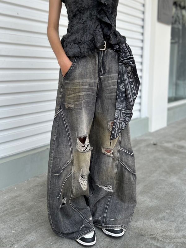 【爆款現貨+預購】附腰巾洗舊刷破牛仔彎刀褲 