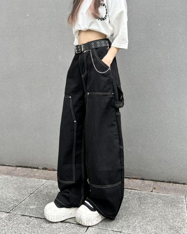 現貨+預購【逆天修腿神器】立體車線拼接工裝寬褲 