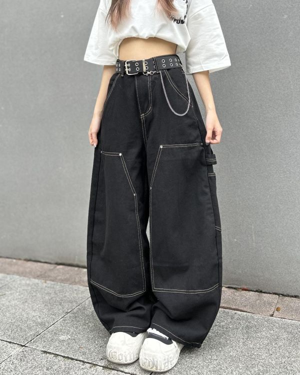 現貨+預購【逆天修腿神器】立體車線拼接工裝寬褲 