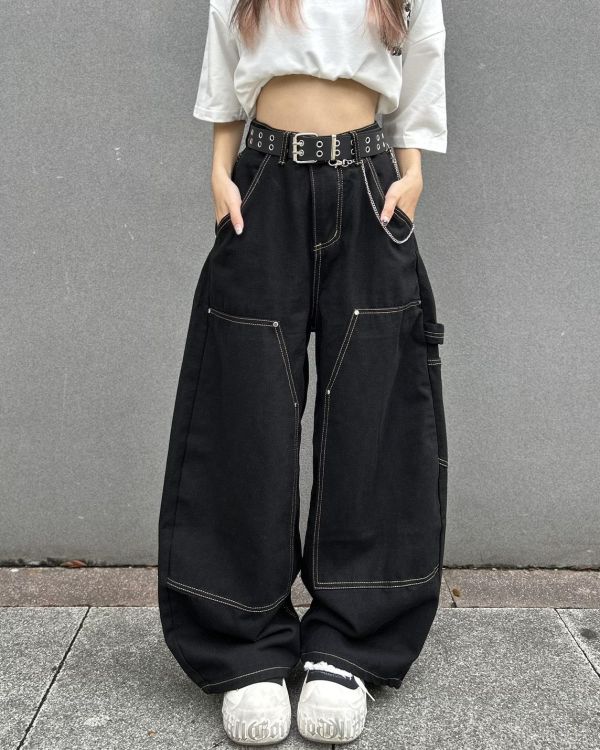 現貨+預購【逆天修腿神器】立體車線拼接工裝寬褲 