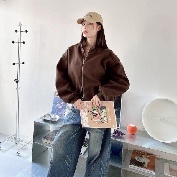 毛呢立領螺紋短版廓型外套 