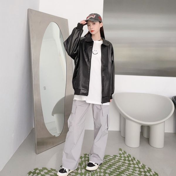 翻領素面皮外套 