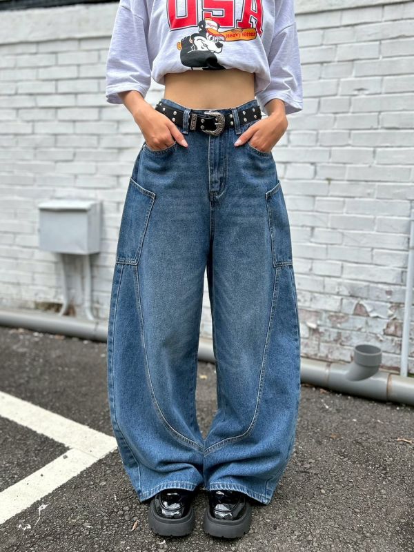 【現貨+預購】大口袋拼接牛仔彎刀褲 