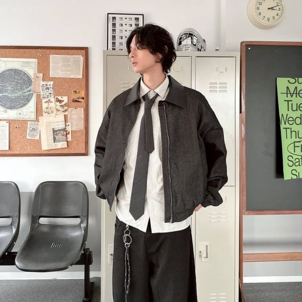 皮革領拼接鋪棉外套 