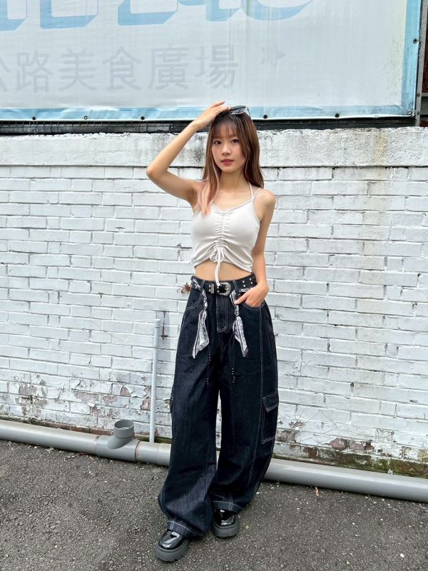 【現貨】附腰巾大口袋拼接繭型闊腿褲 