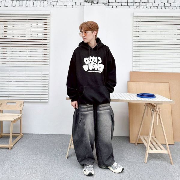 GOOD NIGHT發泡英字刷毛帽Tee 