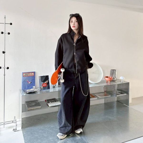 毛呢立領螺紋短版廓型外套 