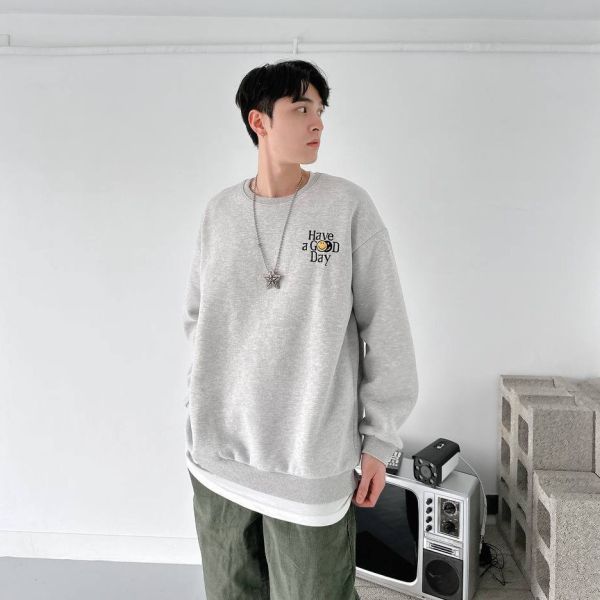 刺繡GOOD DAY笑臉刷毛大學Tee 