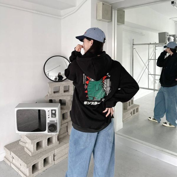 日語恐龍印花刷毛帽Tee 