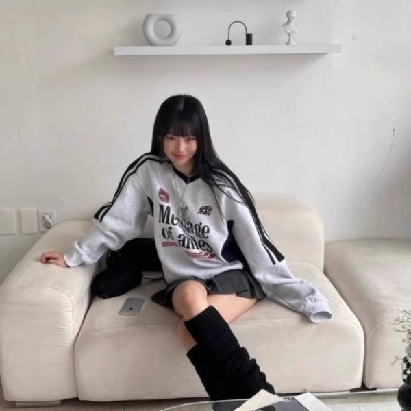 V領拼接織帶衛衣復古美式刷毛大學Tee 