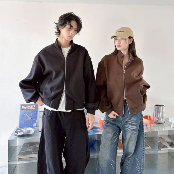 毛呢立領螺紋短版廓型外套 