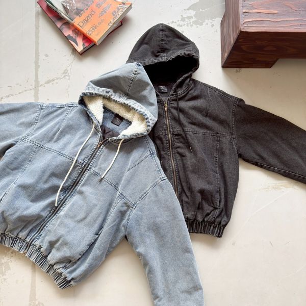 雙拉鍊羊羔毛鋪棉牛仔外套 