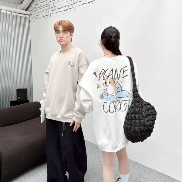 紙飛機柯基插畫刷毛大學Tee 