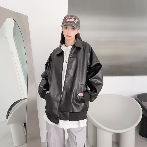 翻領素面皮外套 