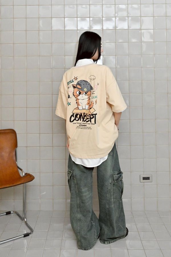棒球帽貓咪插畫感短Tee 
