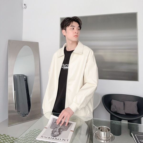 翻領素面皮外套 