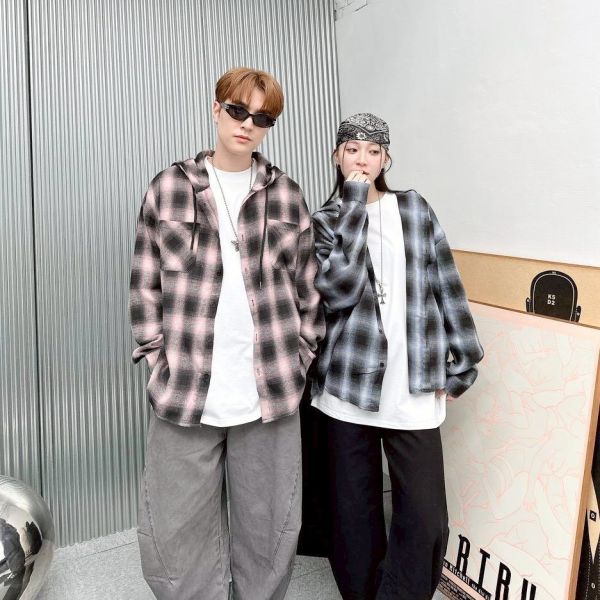 【現貨】口袋抽繩帽子格紋襯衫 