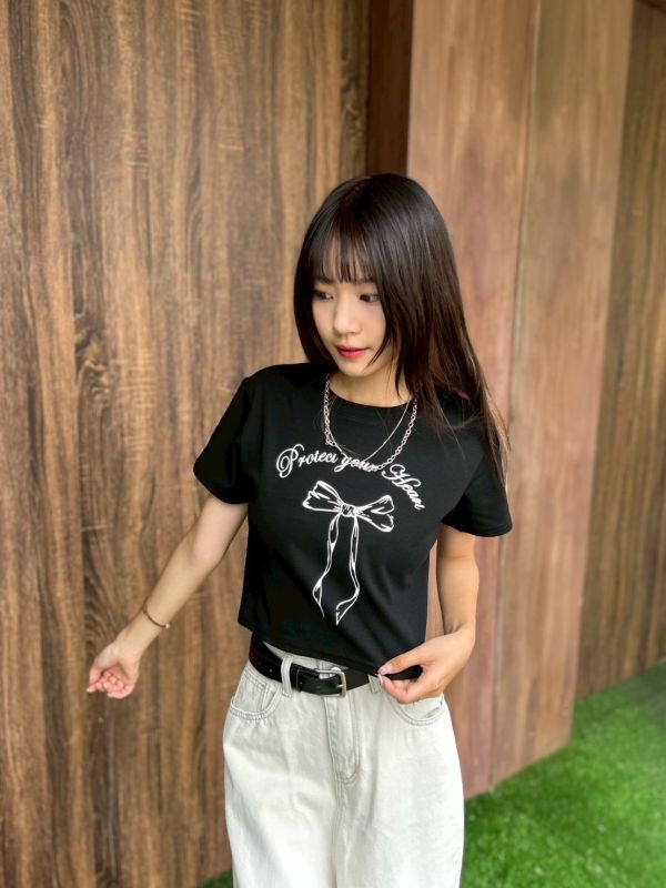 【現貨】手繪蝴蝶結印花短版上衣 