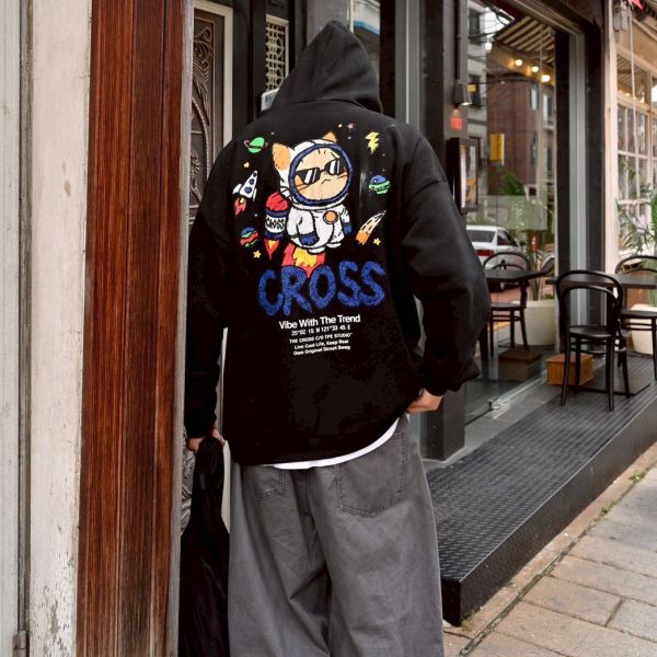CROSS太空貓塗鴉感刷毛帽Tee 