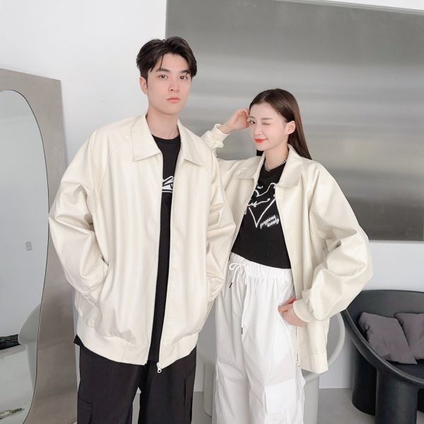 翻領素面皮外套 