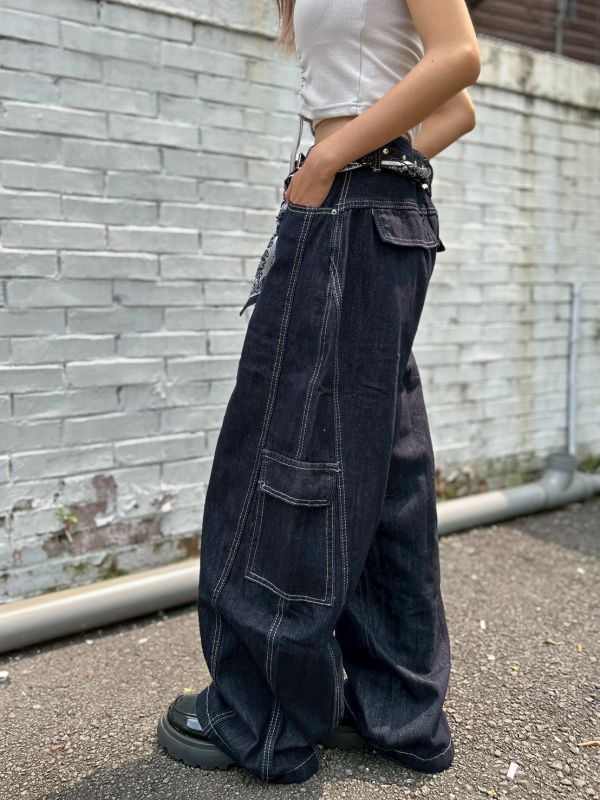 【現貨】附腰巾大口袋拼接繭型闊腿褲 
