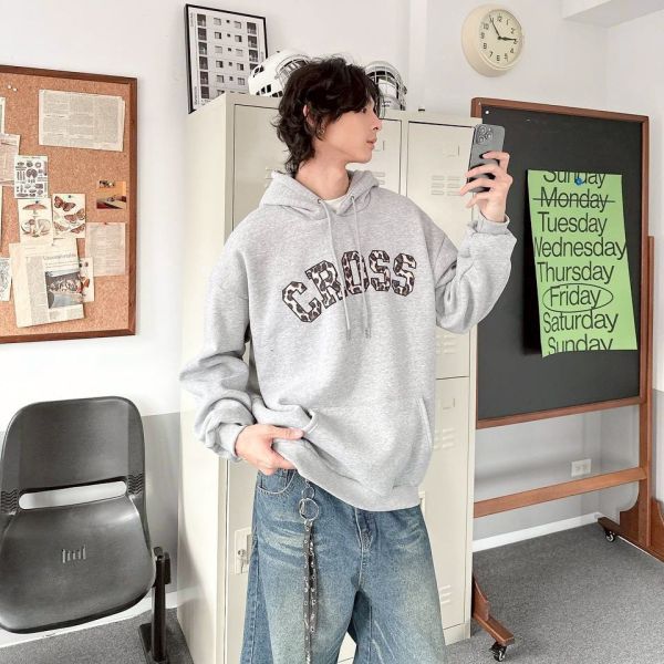 CROSS刺繡豹紋刷毛帽Tee 