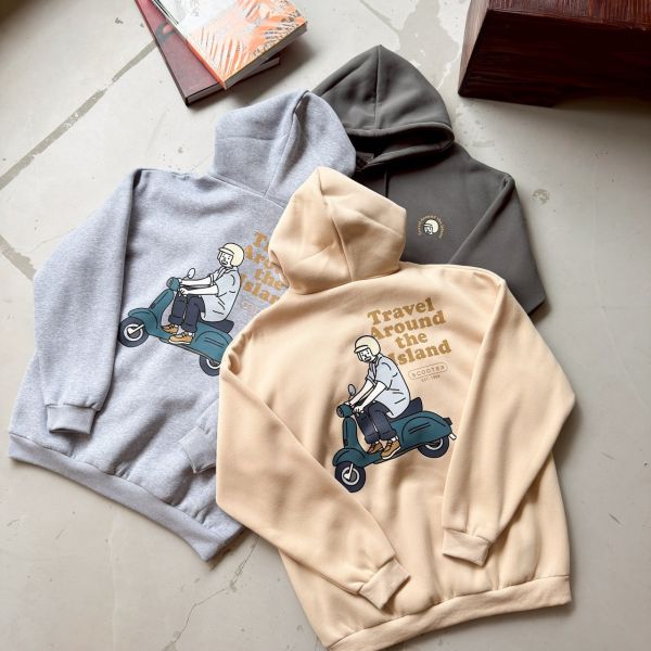 騎車男子印花刷毛帽Tee 