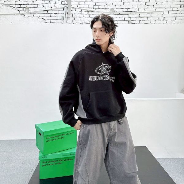 RIDICDLOUS閃電星撞色拼接刷毛帽Tee 