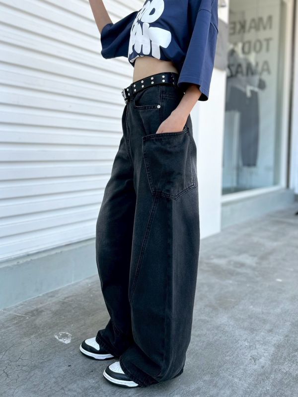 【現貨+預購】大口袋拼接牛仔彎刀褲 