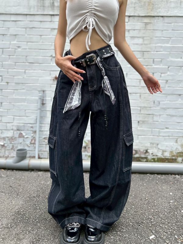 【現貨】附腰巾大口袋拼接繭型闊腿褲 