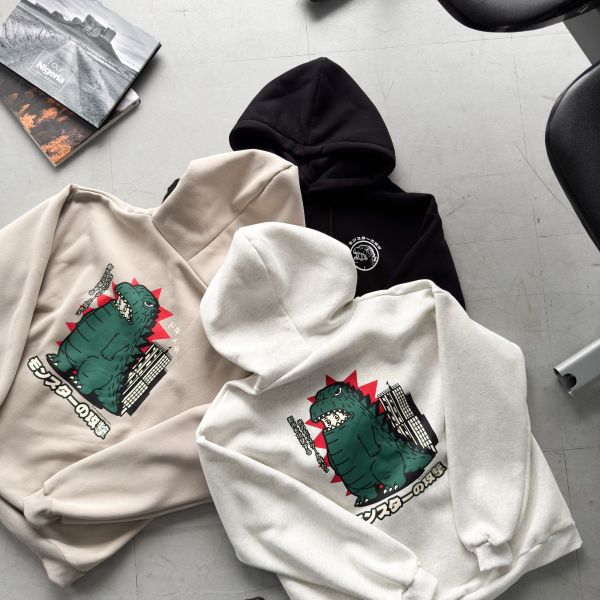 日語恐龍印花刷毛帽Tee 