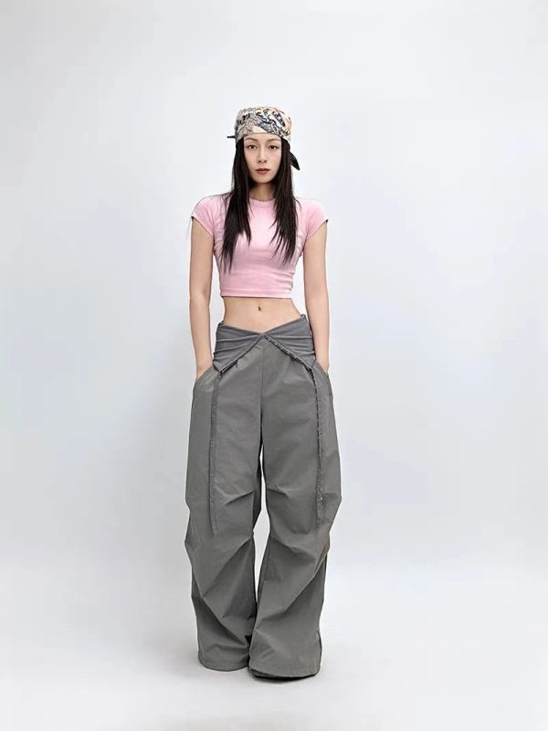 【新品預購】美式飄帶膝抓皺刷刷褲 